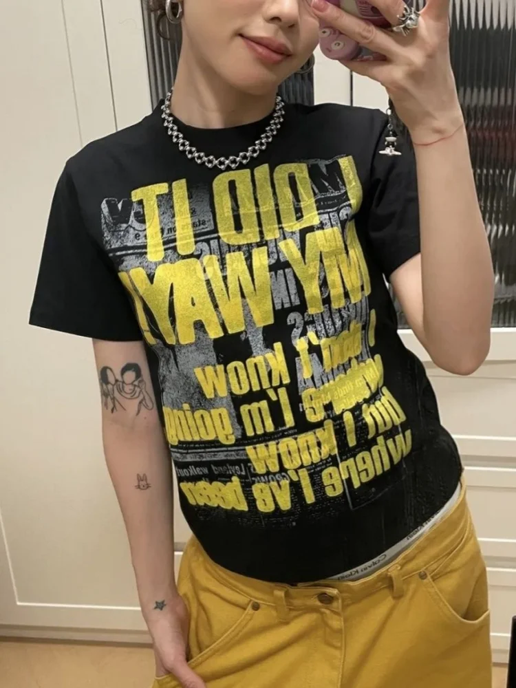 Korean Y2K Brand Letter Print T-shirt 100% Pure Cotton Dark Punk Harajuku Hip-hop Graphic Tee Loose Casual Men Women Top Casual