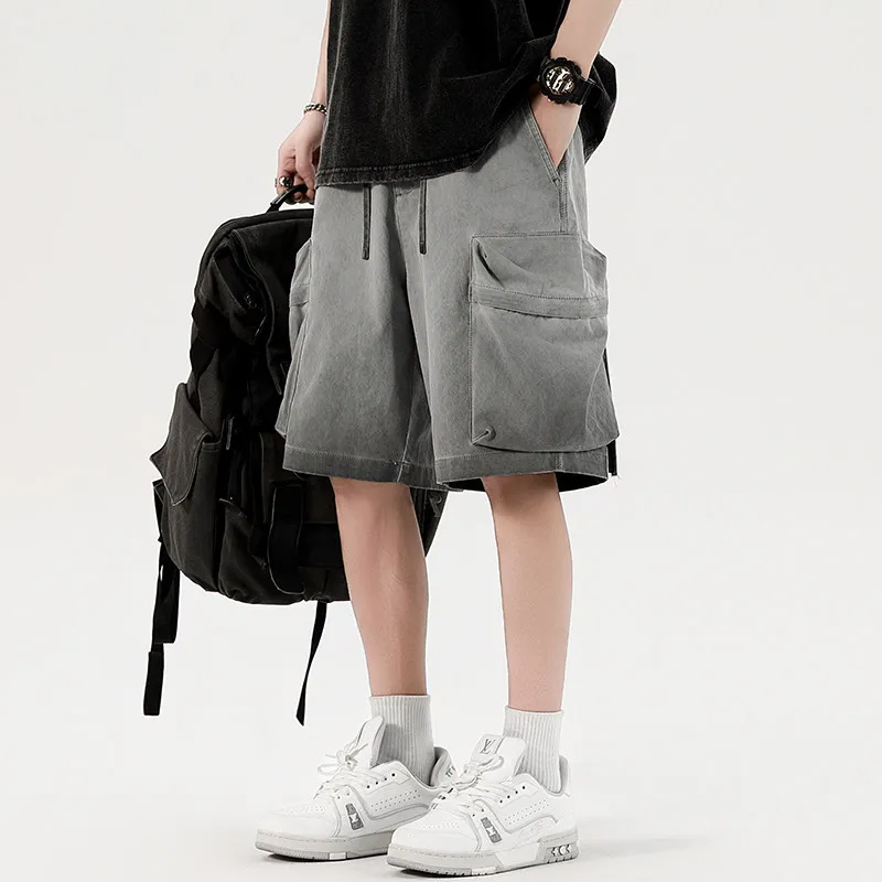 American Cargo Shorts Men Summer Loose Casual Streetwear Grunge Dye Workwear Multi Pocket Plus Size Mid Length Durable Outdoor