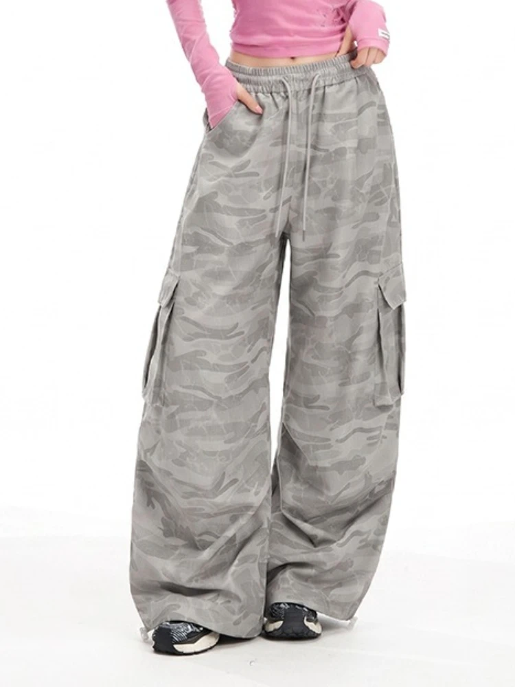 Vintage American Camo Cargo Pants Men Women Elastic Drawstring Waist Loose Wide Leg Trousers Streetwear Casual Baggy Pants