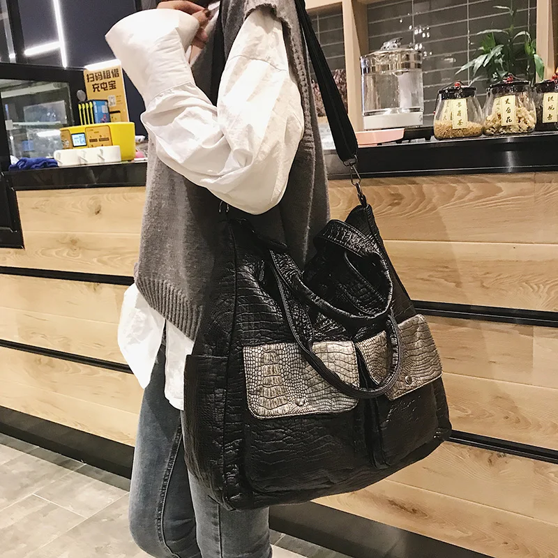 Big Soft Leather Women Bag Large Capacity Shoulder Shopper Tote Black Crocodile Crossbody Handbag Casual Female Travel Hobo Bag