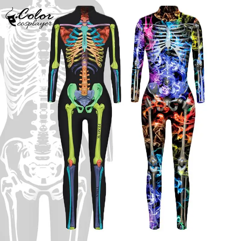 

Color Cosplayer Fancy Skeleton Jumpsuit Carnival Party Bodysuit Adult Halloween Costume Witch Cosplay Clothing Unisex Catsuit