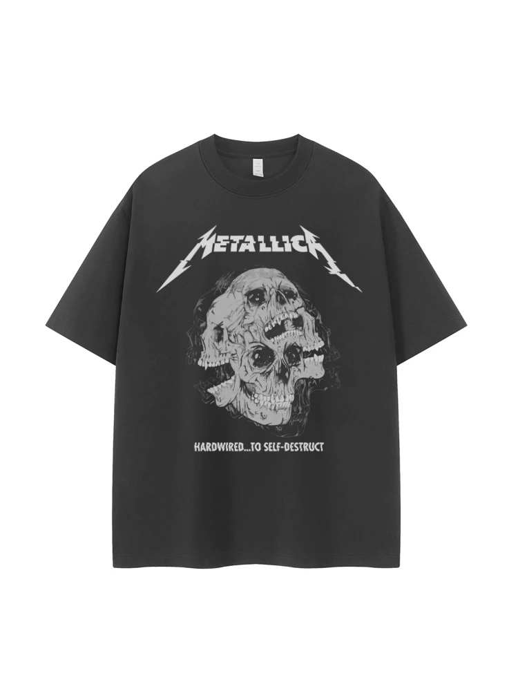 Retro American Street Hip Hop Dark Skeleton Metal Band Rock Short Sleeve T-Shirt Breathable Cotton Casual Fashion Urban Style