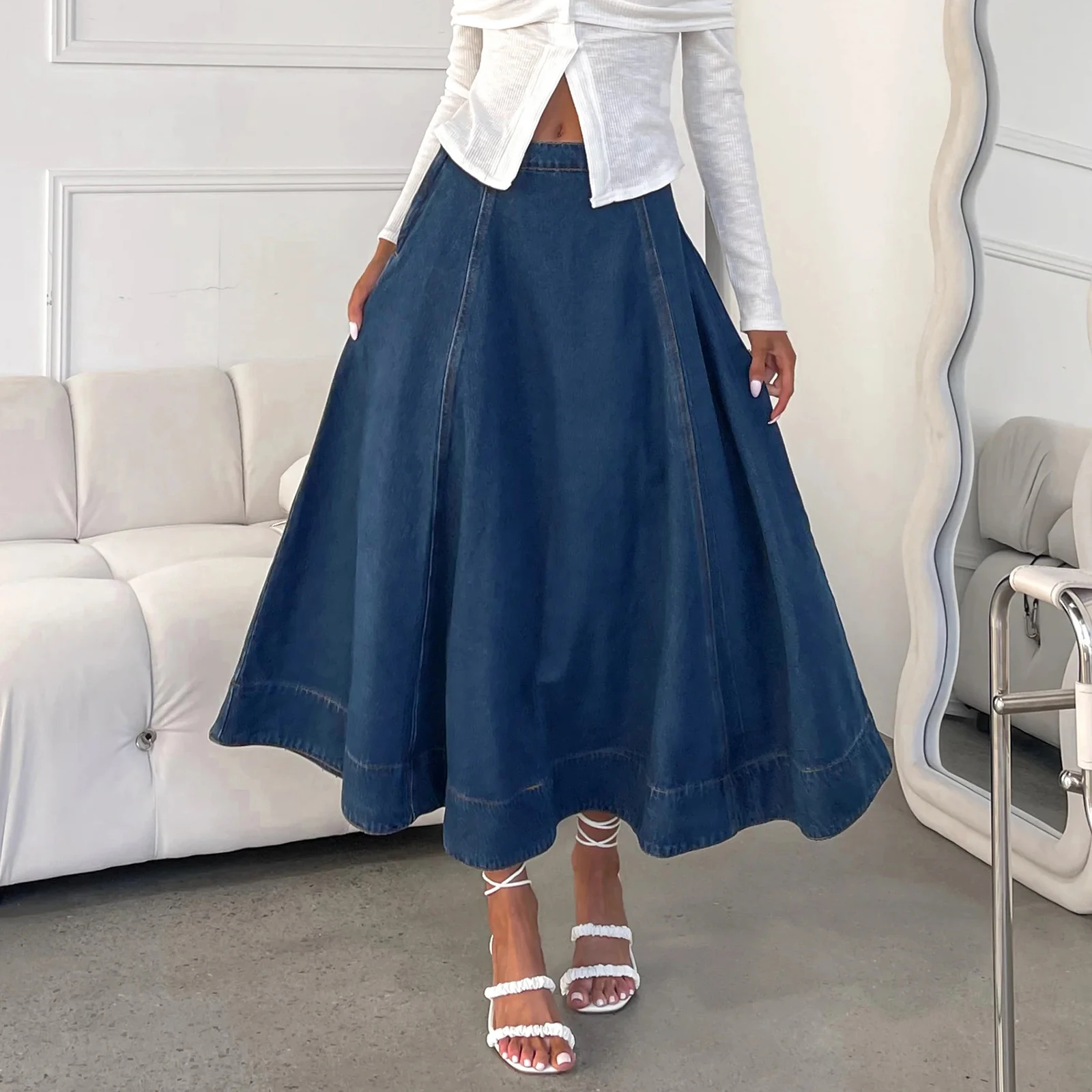 

2025 женская длинная джинсовая юбка, свободная однотонная джинсовая юбка со средней посадкой и большим подолом, повседневная уличная одежда