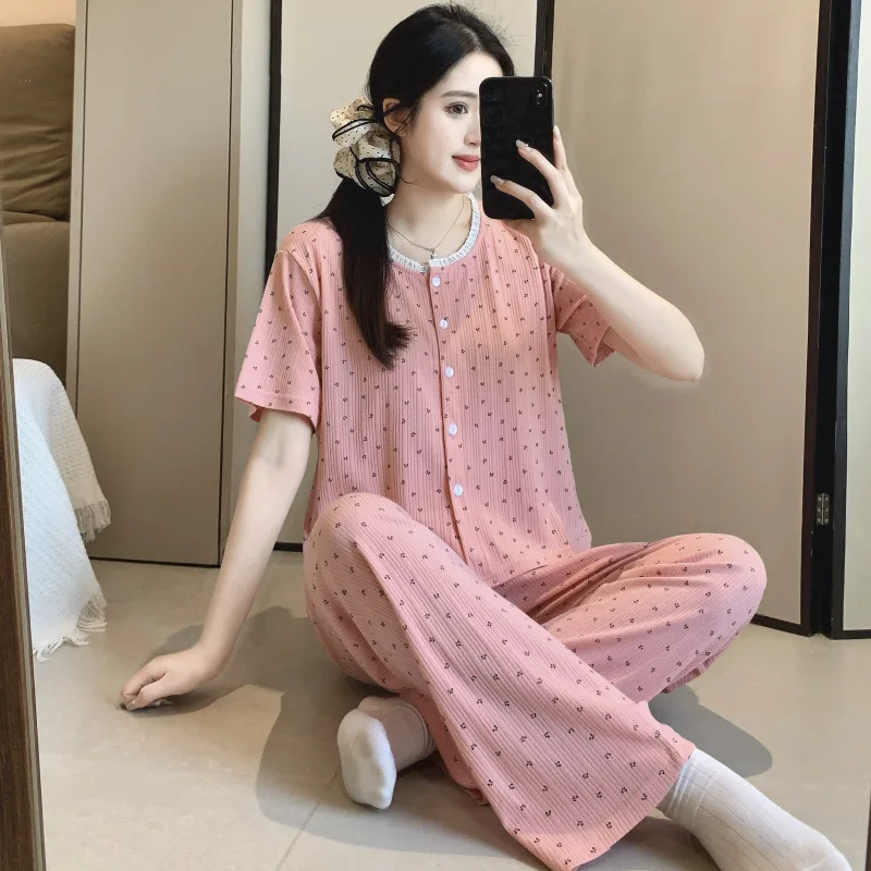Cotton Fabric Striped Pink Pajamas for Women Two-Piece Set for Summer Short-Sleeved Shirt and Long Pants Simple Sweet Sleepwear