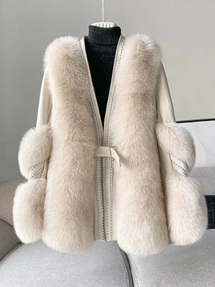 Fur Coat Cardigan Women Top-Quality Leather Patchwork Long Sleeve Jacket Winter Fashion Temperament Thickened Coats for Women