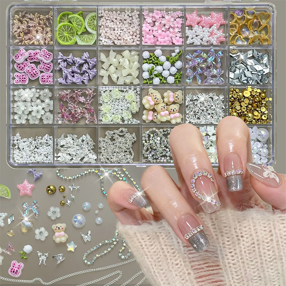 24Grids Luxury Sparkly Nail Art Jewels Crystal Chain Gold Bead Hollow Star Heart Gem Easy Apply for Wedding Event Nail Decor