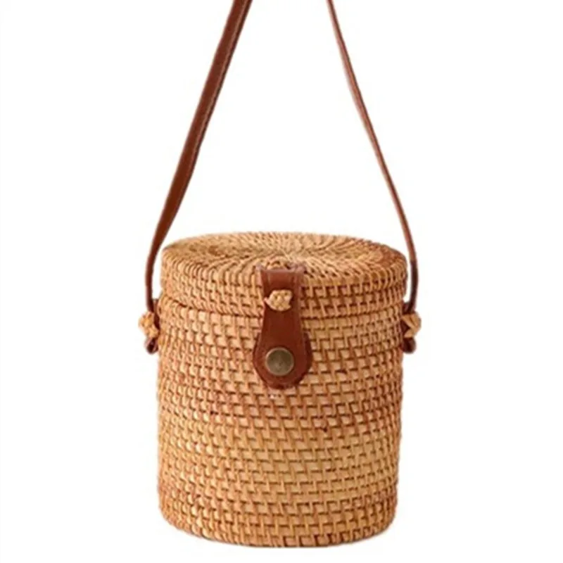 

Vintage Handmade Rattan Mini Bucket Bag for Women Cute Hollow Round Crossbody Purse Lightweight Sling Bags