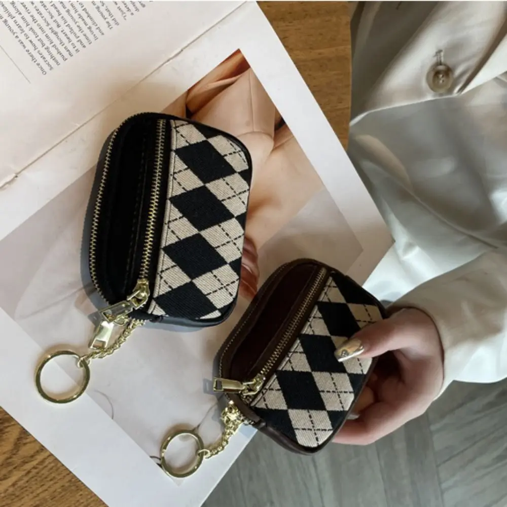 Simple Three Layers Rhombus Plaid Wallet Solid Color Korean Style Zipper Coin Purse Clutch Earphone Pouch Small Item Bag Outdoor