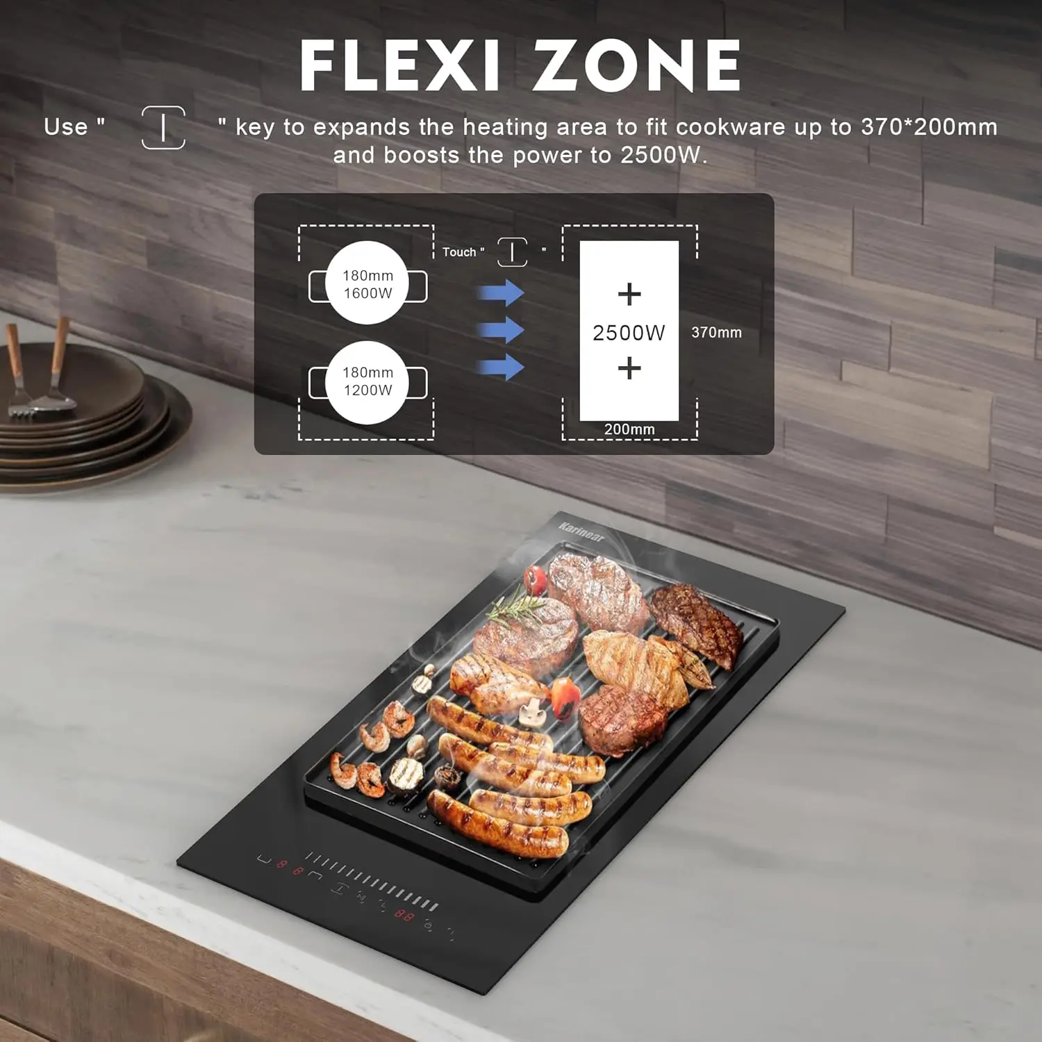 Karinear Induction Cooktop 2 Burners, 3500W, 12'' Built-in Induction Stovetop with combined Zone, Safety Lock, Timer, Pause