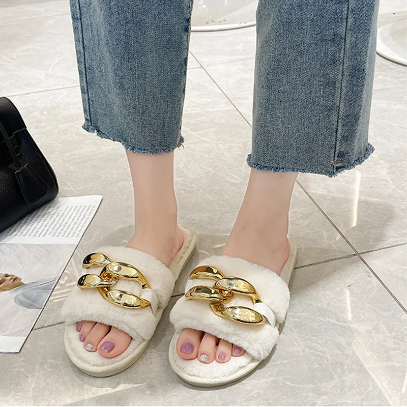 Plush Slippers Winter Women Faux Fur Chain Slip On Flats Female Warm Comfort Outdoor Home Open Toe Fashion Cotton Slippers