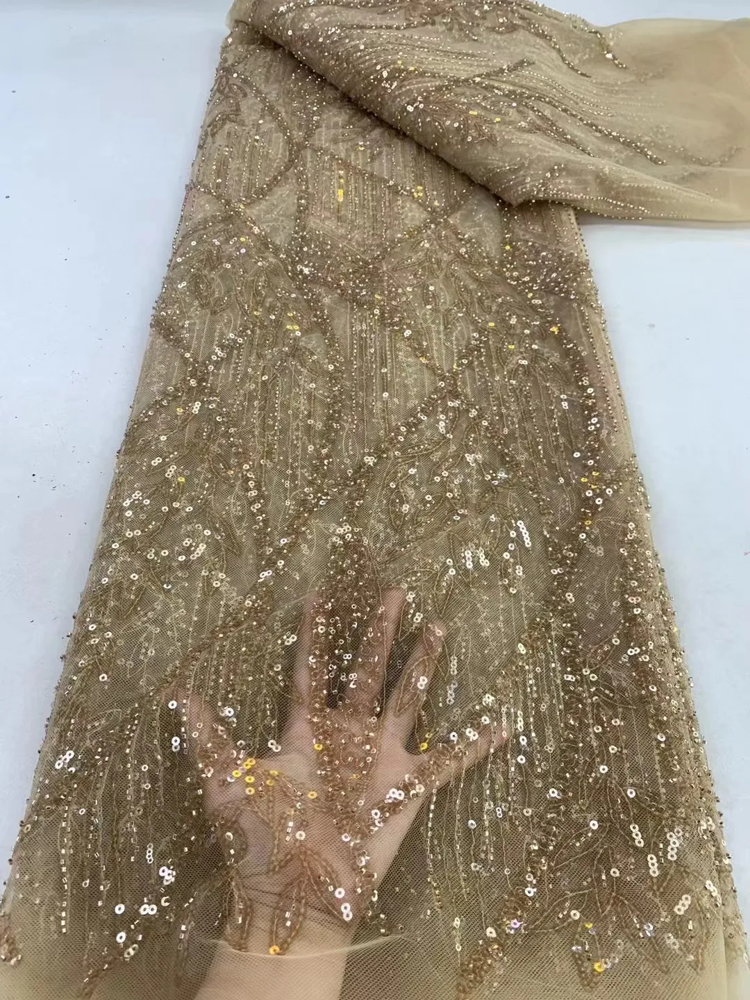 African gold Fabric Embroidery Tulle 5Yards Mesh Sequins Lace Wedding Dress For Women Fabrics Dubai Beaded By The Sewing Meters