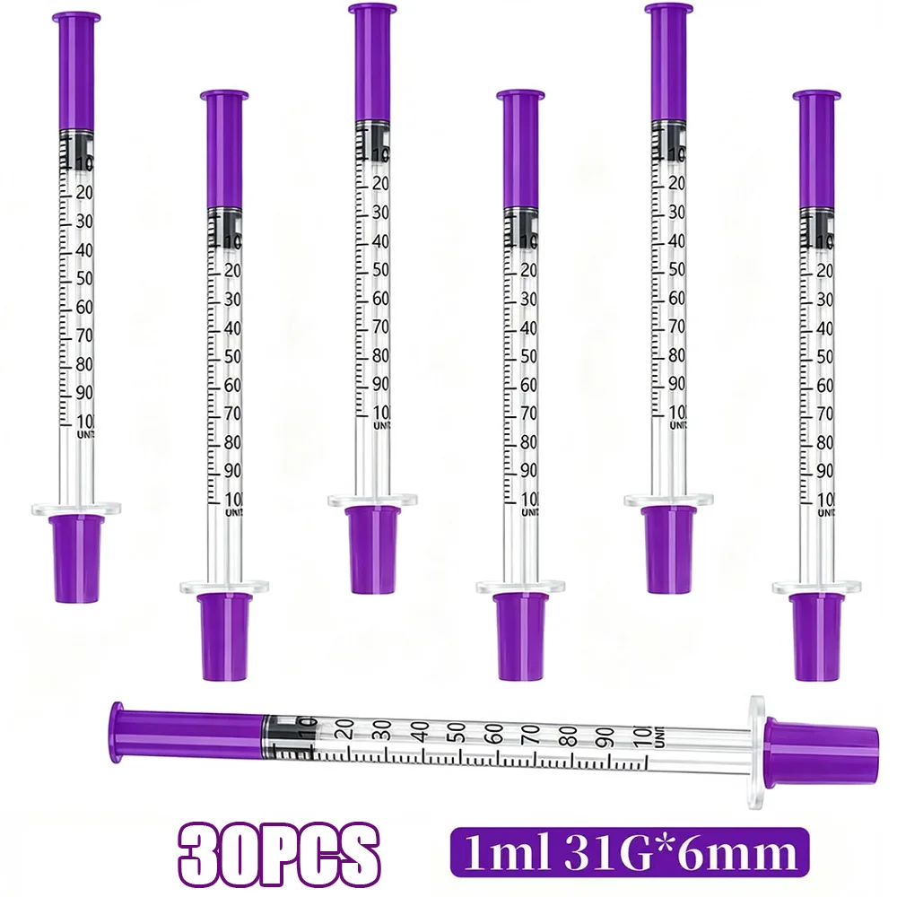 1ml Micro Plastic Syringe｜31G*6Mm Purple Push-Rod Protective Cap, Clear Scale, Needleless Syringe for Laboratory Sampling, Liquid Dispensing, Pet Medication Administration Tool, 30 Pieces