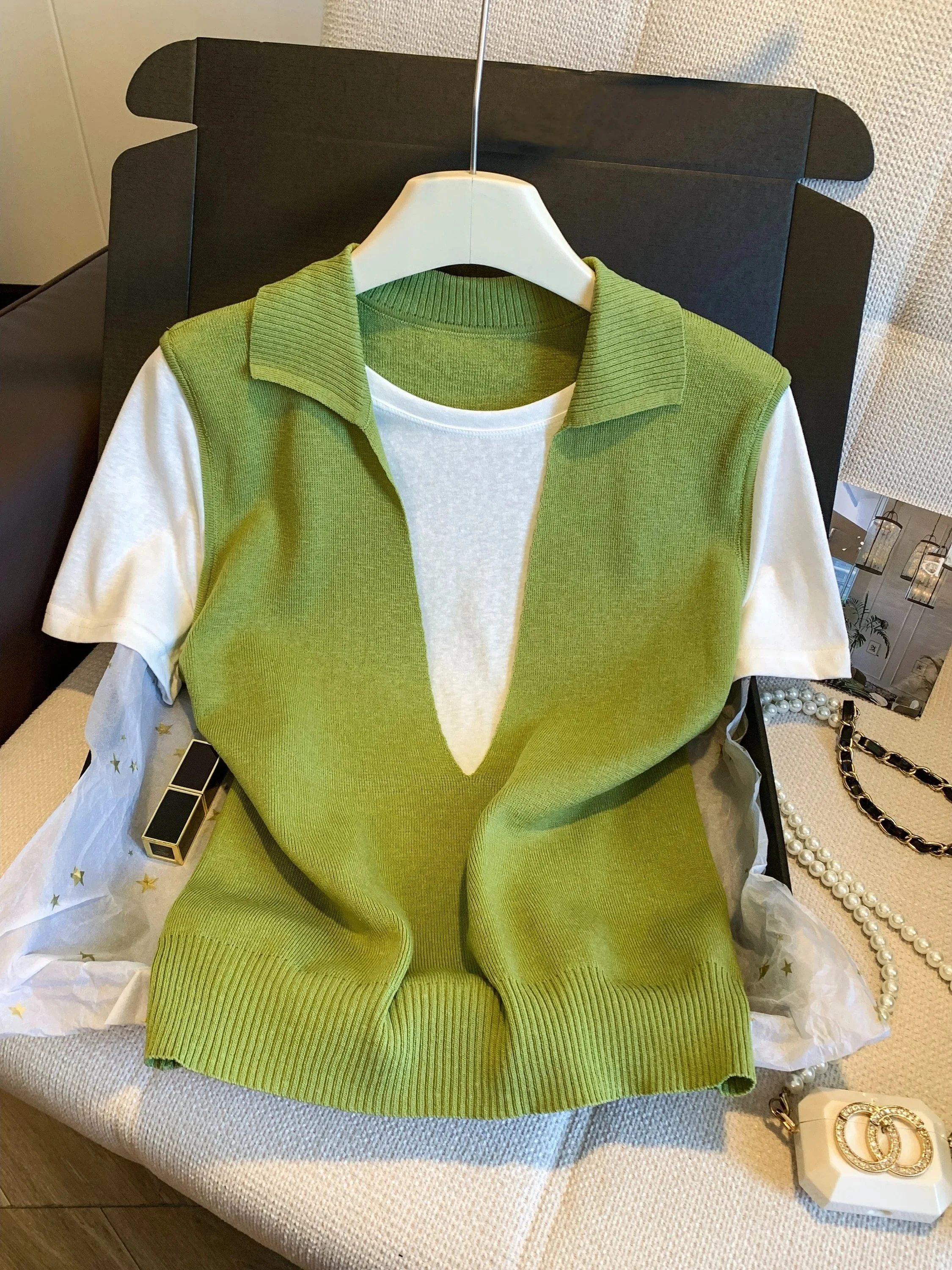 Unique Collar T-Shirt Panelled Knitwear Women's Premium Feel Younger Top Casual Style Short Sleeve Flip Collar Regular Fit