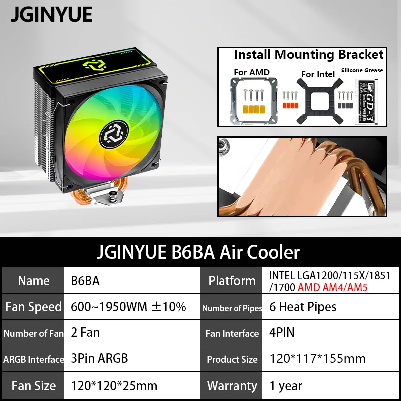 

JGINYUE B6BA 6 Heat-Pipe CPU Air Cooler ARGB PWM TDP 150W CPU for Intel® LGA1700/115X AMD® AM4 AM5 Socket 5700X/12600K/9600X