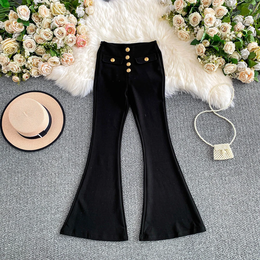 Black Light Luxury Flared Jeans Women Side Zipper High Waist Gold Buttons Full Trousers Spring Autumn Commute Denim Pants