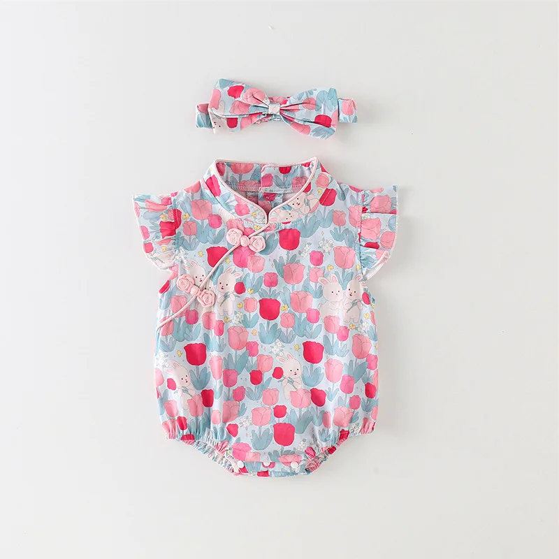 Baby Girl Cheongsam Romper Summer Thin Baby Bodysuit Chinese Style Full Moon Hundred Days One Year Old Princess Dress