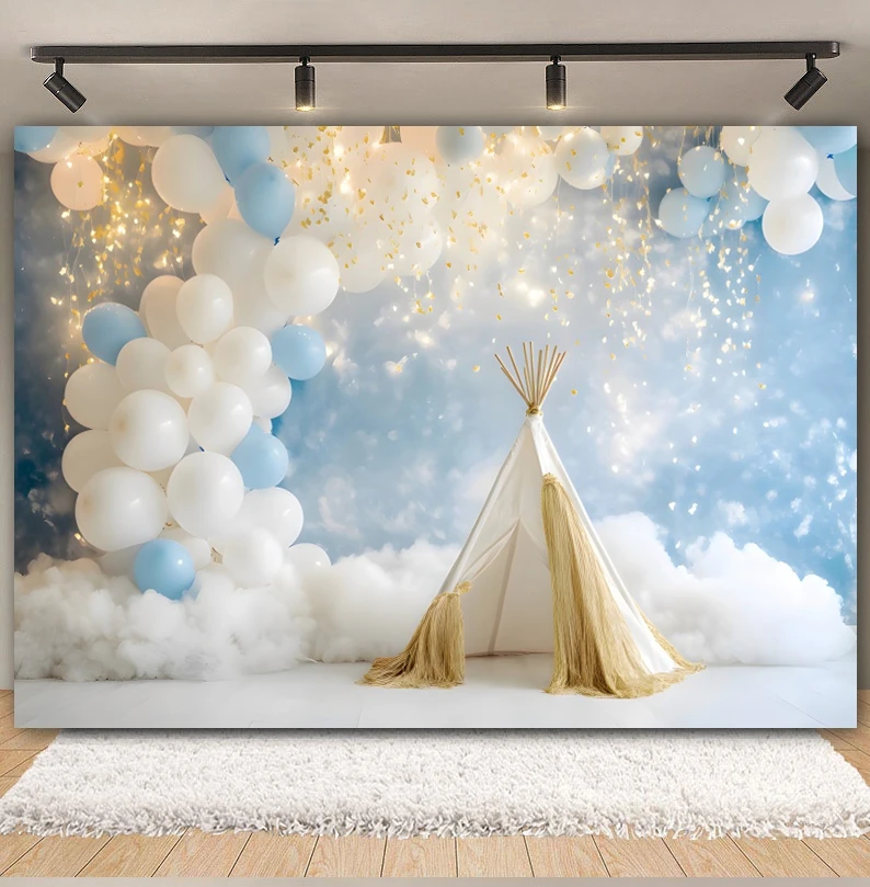 Newborn Baby Birthday Party Photography Backdrops Moon Stars Blue Clouds Baby Shower Cartoon Background Decor Photo Studio Props