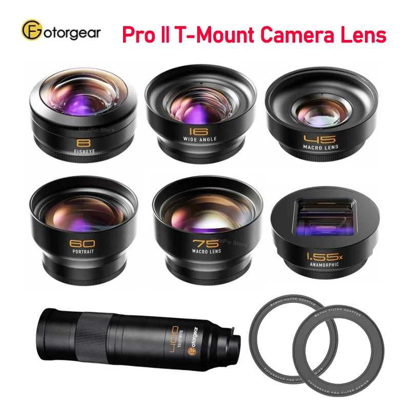 

Fotorgear Mobile Phone Camera Lens Pro ll T-Mount Fisheye Macro Wide-Angle Portrait Lens For iPhone 15/14/13 Series Smartphone