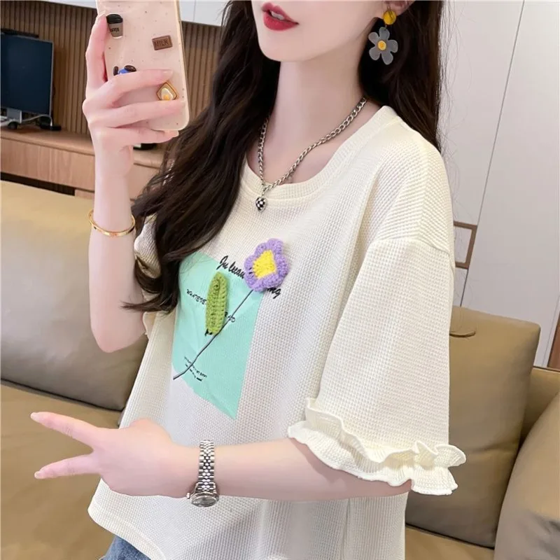 DAYIFUN-Waffle Short-Sleeved T-shirt for Female Letters Printed Floral Knitted Design Loose Flared Sleeve Tops Summer New 2024