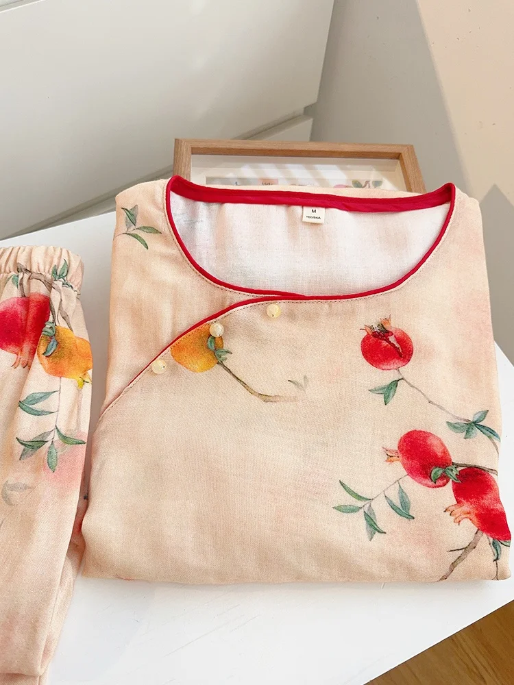 

Summer Bamboo Cotton Spwear ort Sve Home Clothes Set Retro Chinese Sle New National Trend Bamboo Fiber Nightgown