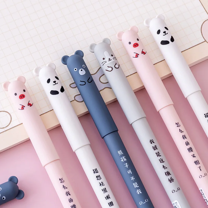 12Pcs Cartoon Animals Erasable Pen 0.35mm Cute Panda Pig Kawaii Gel Pens for School Writing Novelty Stationery Girls Gifts