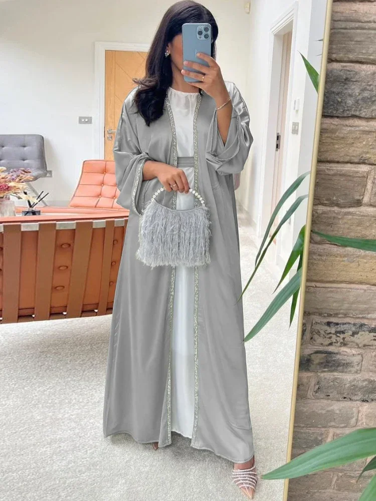 

Satin Open Abaya Dubai Turkey Muslim Modest Dress for Women Rhinestone Moroccan Kaftan Robe Islam Outwear Kimono Femme Musulmane