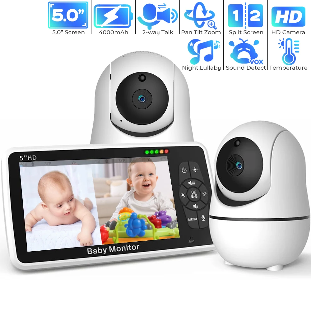 5 Inch HD Baby Monitor with 2 Cameras Split Screen Baby Phone No WiFi PTZ Nanny Camera Two-way Intercom Night Vision Baby Camera