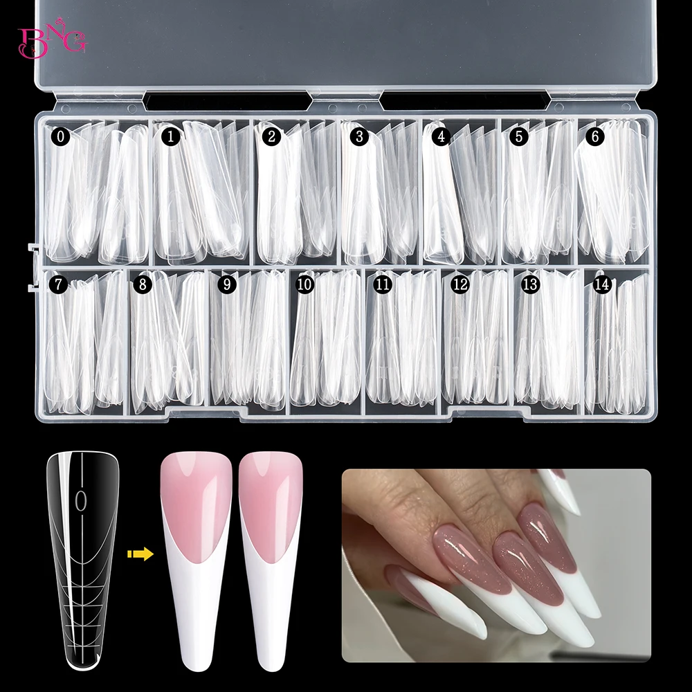 BNG 150PCS Dual รูปแบบพร้อมคู่มือภายในอัลมอนด์เล็บ POLY EXTENSION GEL รูปแบบ 15 ขนาดเล็บรูปแบบการออกแบบสําหรับเล็บฝรั่งเศส