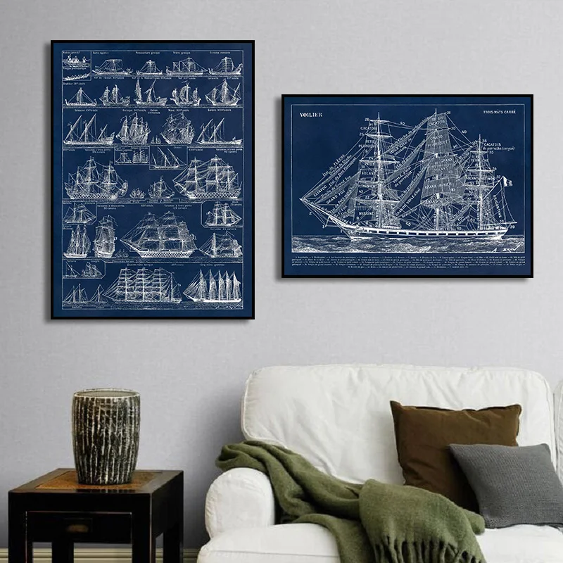 Old Nautical Ship Poster Sailing Ship Nautical Boat Chart Vintage Style Naval Illustration canvas painting Print home decor