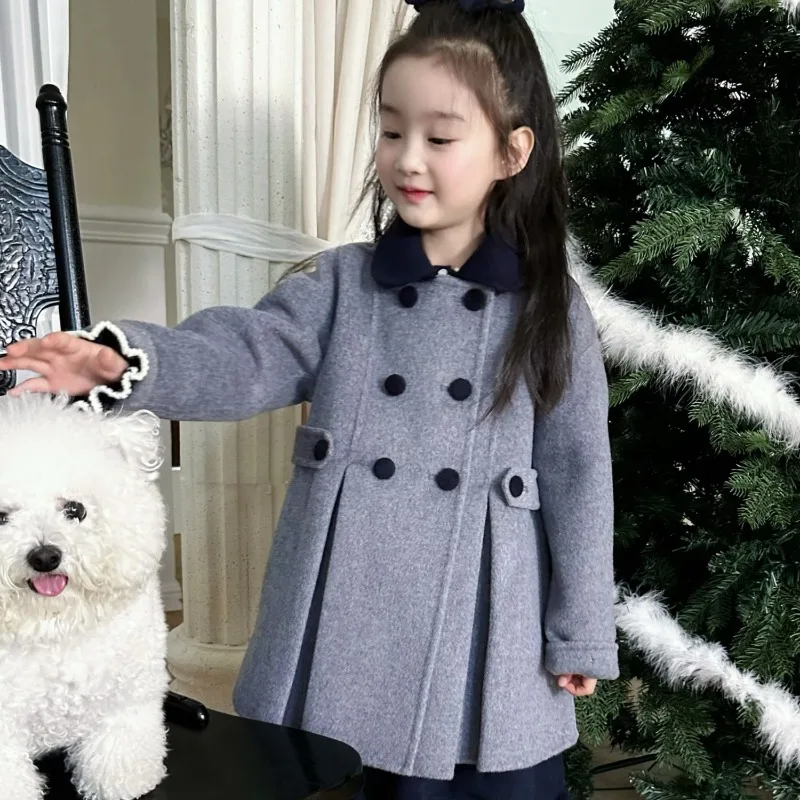 Vintage Ins Handmade 100% Wool Double-Sided Cashmere Boutique Girls Coat Quality Kids Woolen Jacket