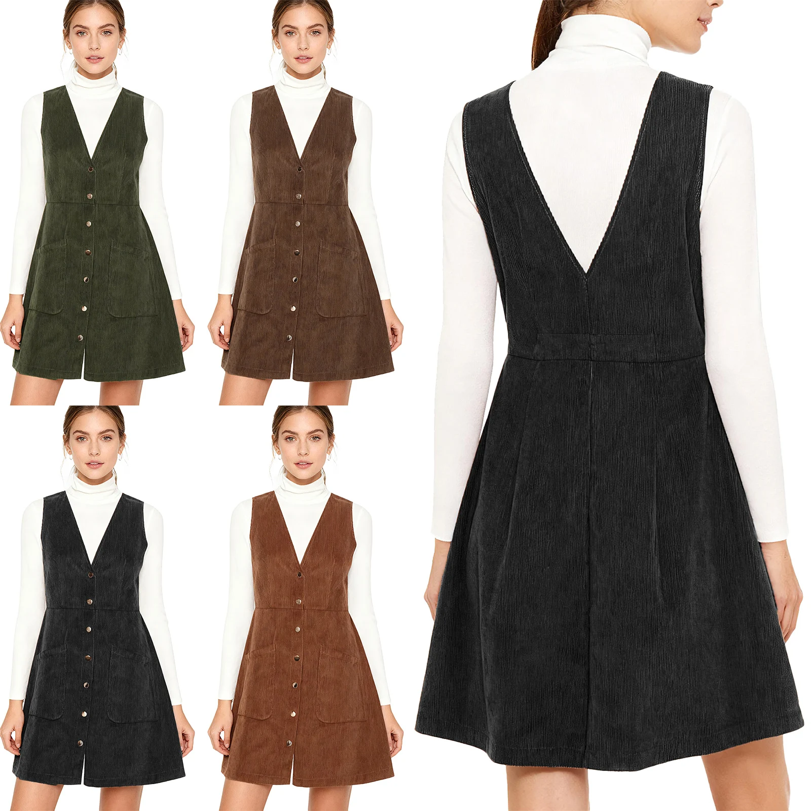 여성 레트로 코듀로이 탱크 드레스 기본 브이넥 프레싱 버튼 프론트 패치 포켓 드레스 데일리 오피스 쇼핑 데이트용