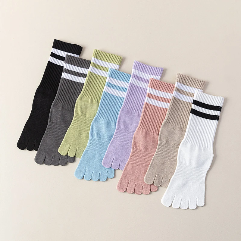 1/5 Pairs Women Five Toe Mid Calf Crew Socks Striped Ribbed Cuff Separate Split Toes Yoga Socks Cotton Casual Split Toe Socks