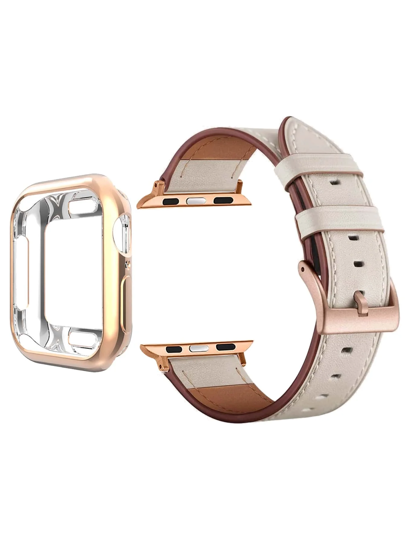 2 pieces rose gold watch screen integrated protective case apricot leather strap suitable for Apple ses987654321 series