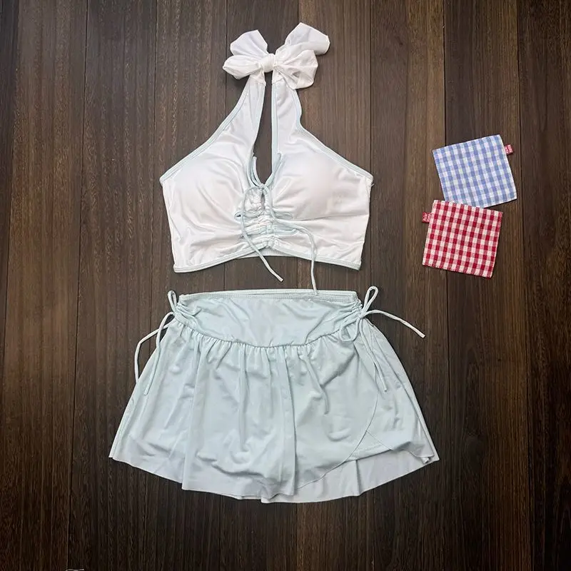Nova moda conjunto de biquíni feminino saia de cintura alta 3 peça maiô sexy mini saia sem costas tanga maiô