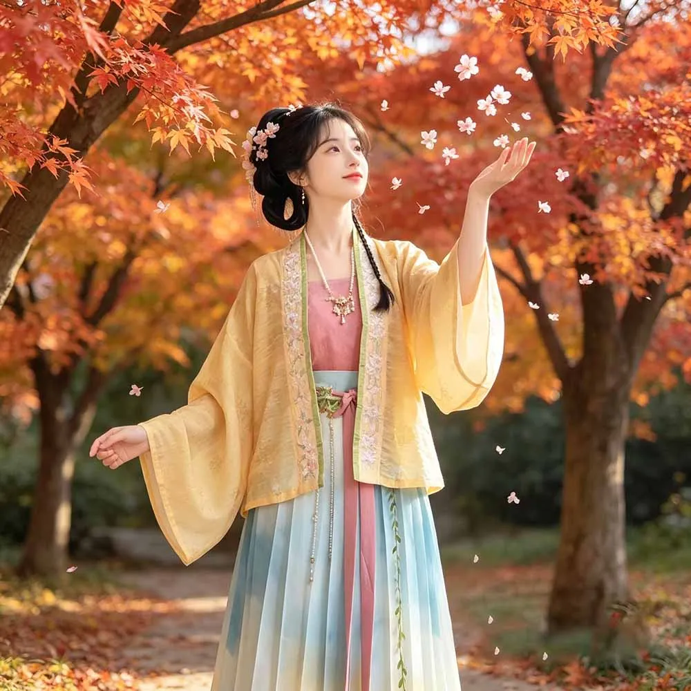 

Women's Song Style Hanfu Gradient Yellow Embroidery Traditional Chinese Hanfu Dress Female Cosplay Costume
