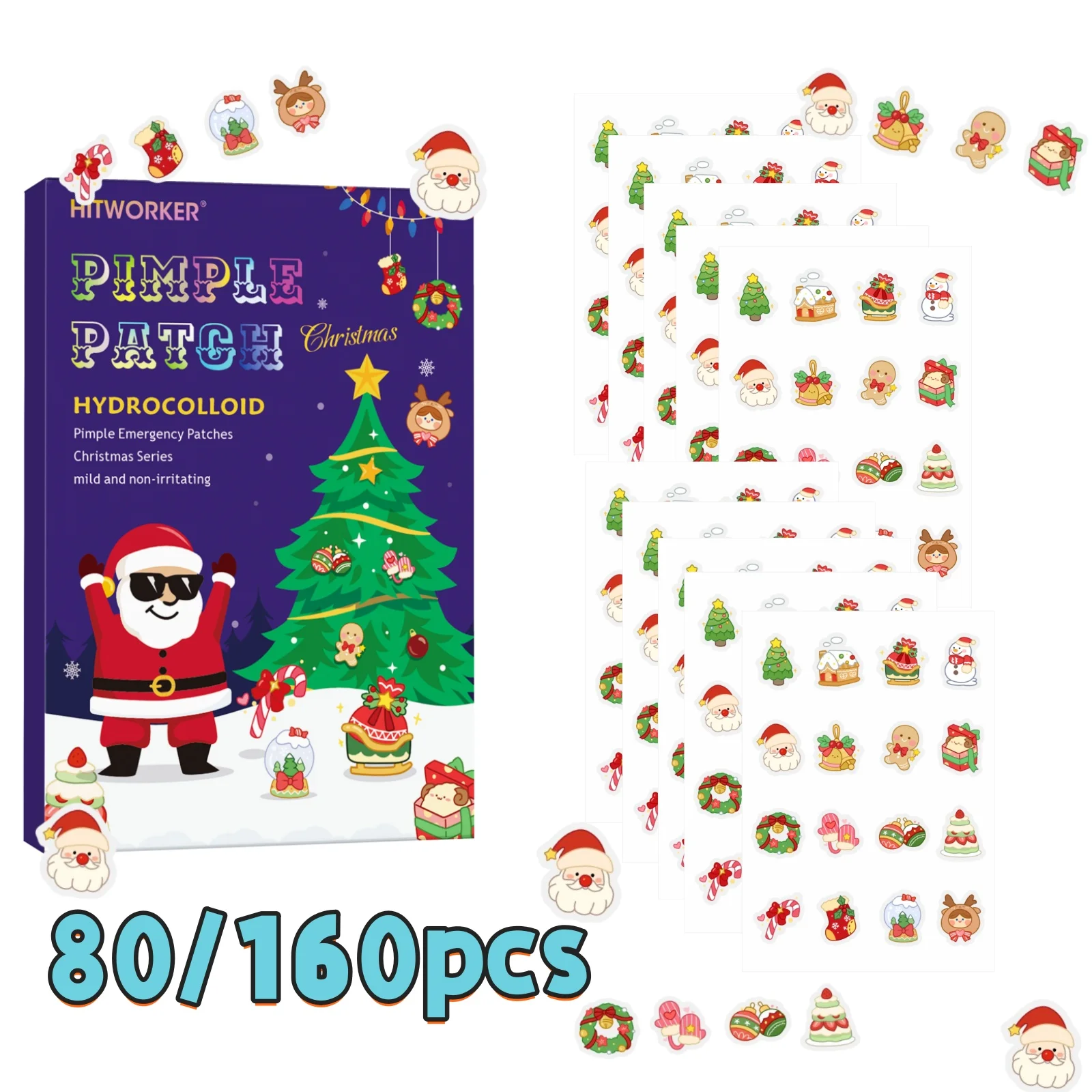 80/160 قطعة من رقع حب الشباب الغروانية المائية من HITWORKER - تصميم عيد الميلاد، لطيف وغير مزعج، تغطية سريعة وغير مرئية #1