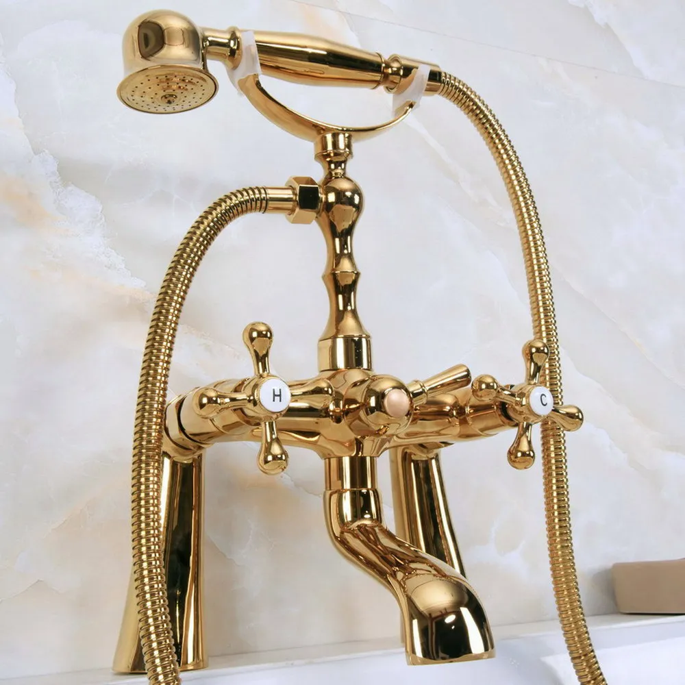 

Luxury Golden Brass Double Handle Deck Mounted Bathroom Bath Tub Faucet Set with 1.5M Hand Held Shower Spray Mixer Tap 2na151