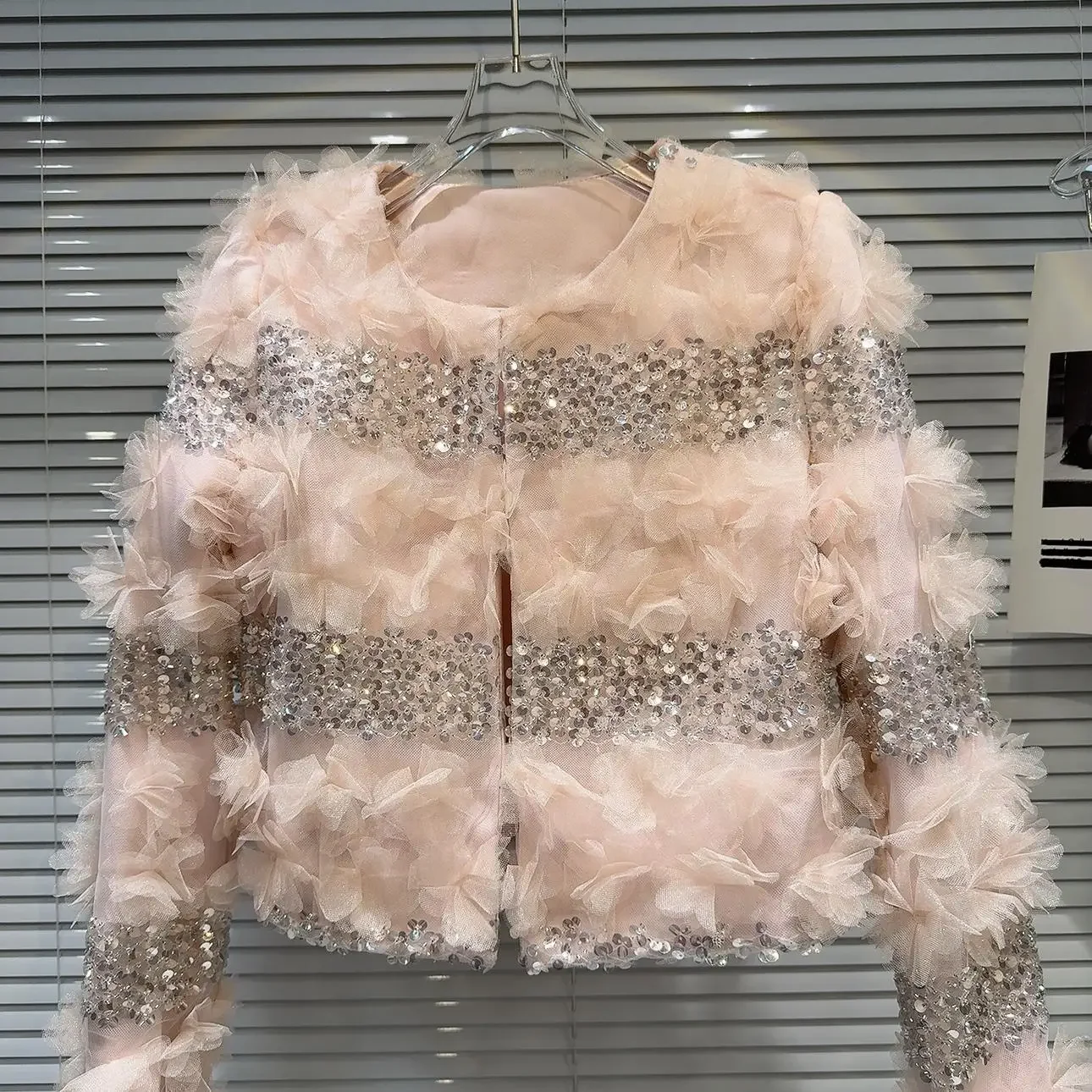 Luxury Mesh Flower Sequin Short Jacket Pink Round Collar Slim Coats Ladies Outwear 2024 Autumn Fashion Cardigan Female Trend