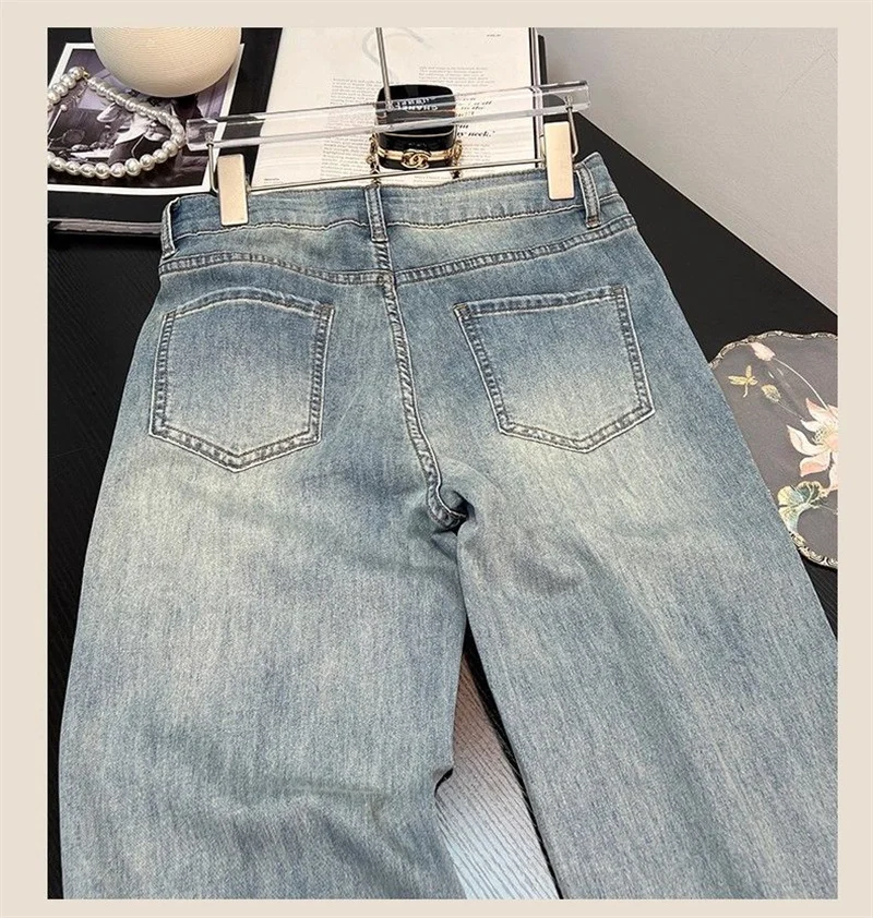 Casual Age Reducing Embroidered Wide Leg Jeans for Women 2025 Summer New Style High Waist, Slim and Versatile Straight Pants