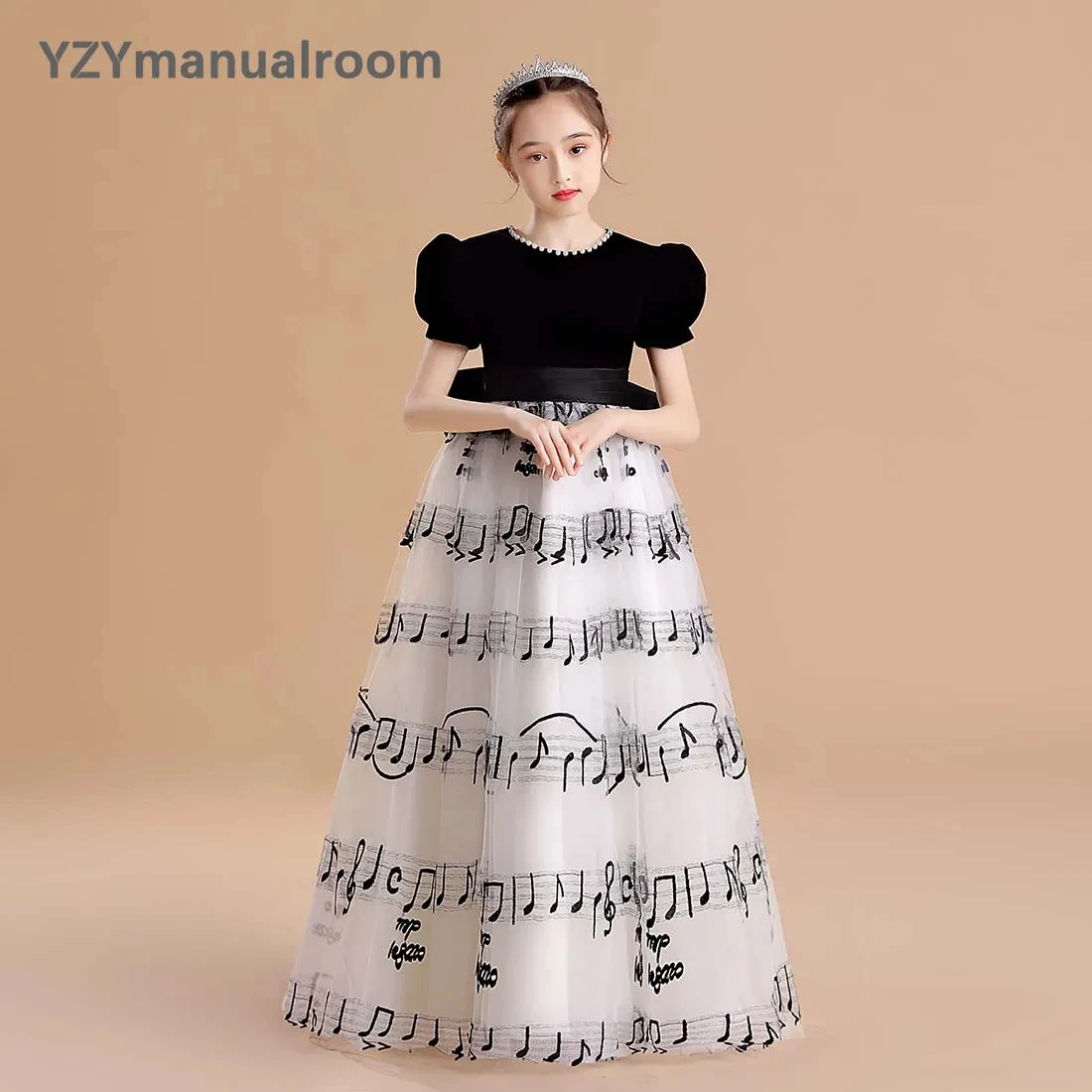 

Princess Tulle Girls Dress O Neck Junior Bridesmaid Dresses Christmas Long Junior Concert Bithday Party Pageant Gown Music Note