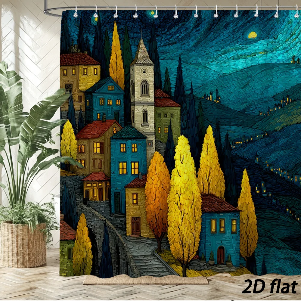 Van Gogh Style Starry Night Medieval European Town Colorful Houses Golden Cypress Trees Night Landscape Print Bath curtain