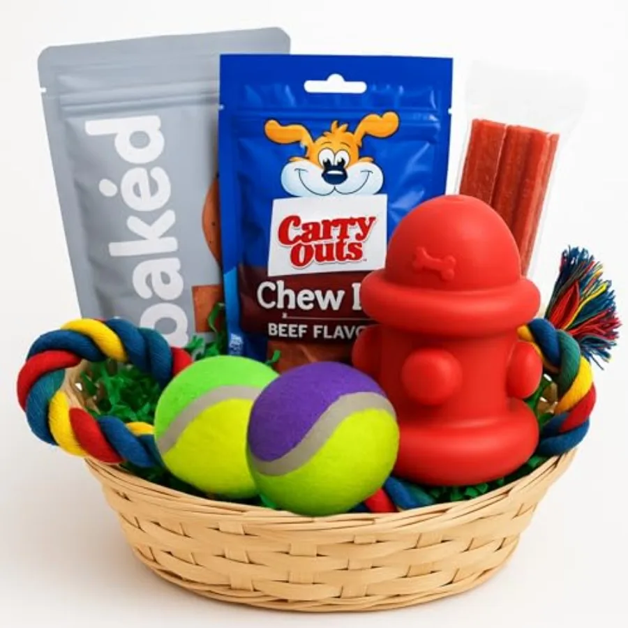 

Подарочный набор для собак: жевательные игрушки, теннисные мячи, игрушка-канат для перетягивания и вкусные лакомства. Идеальный подарок на день рождения для собаки, приветственный набор для щенков или подарочная коробка.