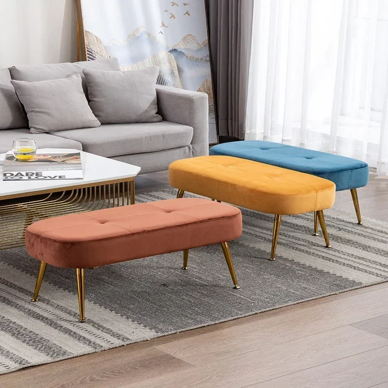 Modern Velvet Ottoman Bench Upholstered Footrest for Living Room Pink Bench with Gold Metal Legs and Padded Seat Velvet