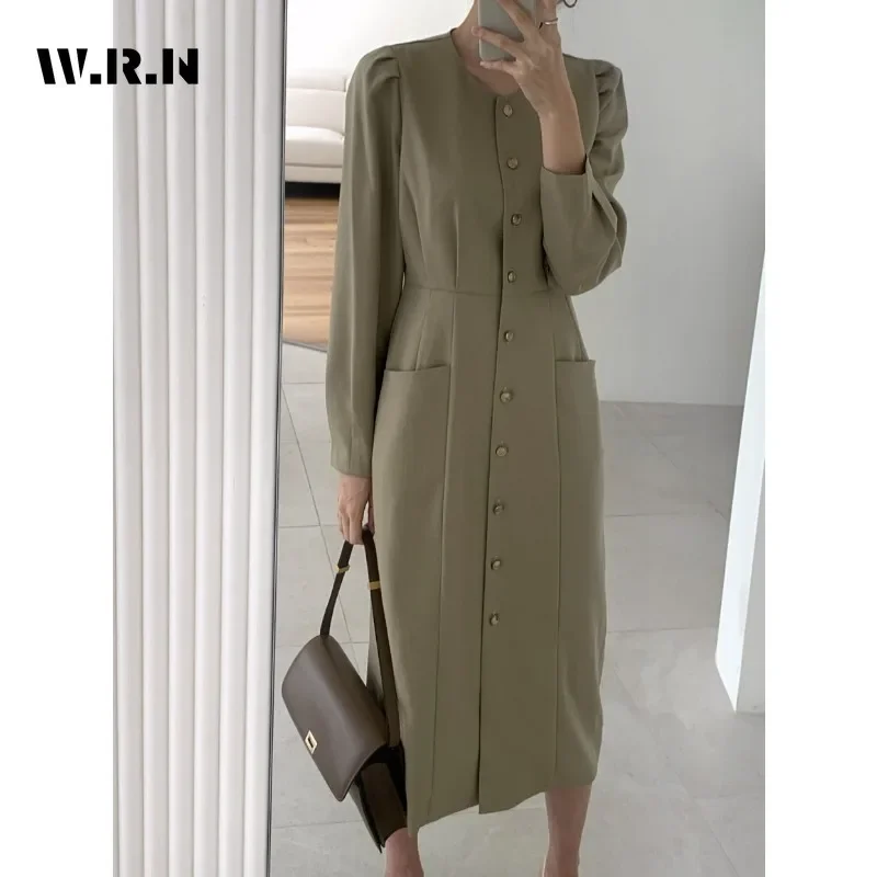 2024 Winter Vintage Long Sleeve Round Neck Midi Solid Color Shirt Dresses Women Elegant Classic Office Lady A-Line Blouse Dress