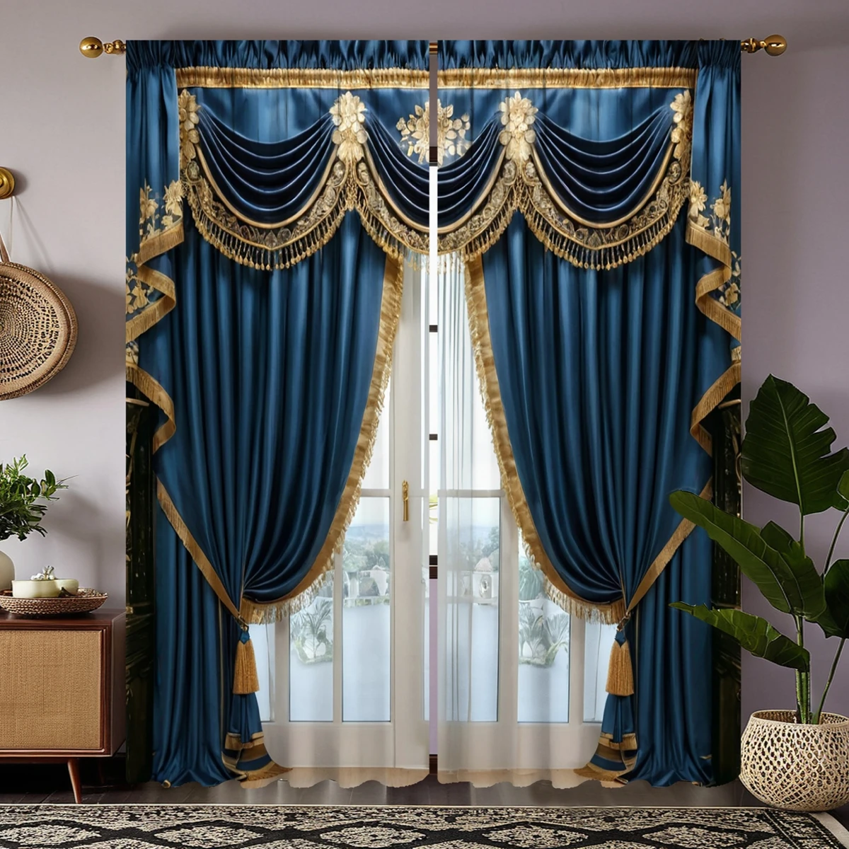 2 pieces HD digital blue new Chinese combination color atmosphere palace curtain home decoration style decoration living room be