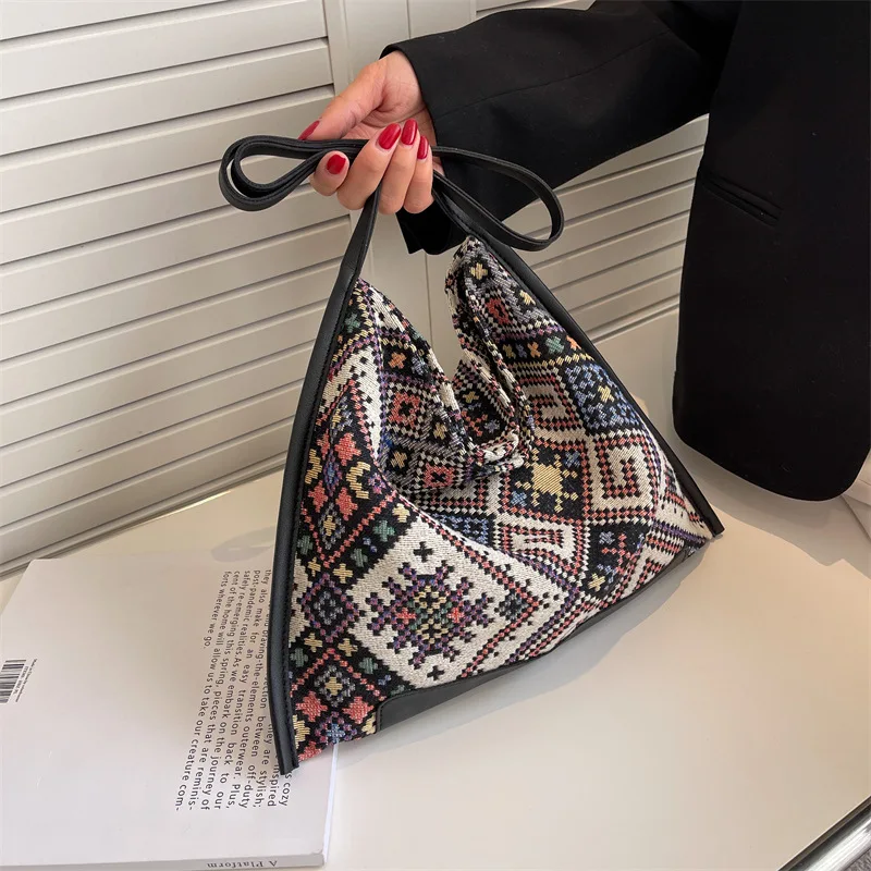 Women Shoulder Bag Retro Weave Plaid Bohemia Ethnic Lightweight Handbag