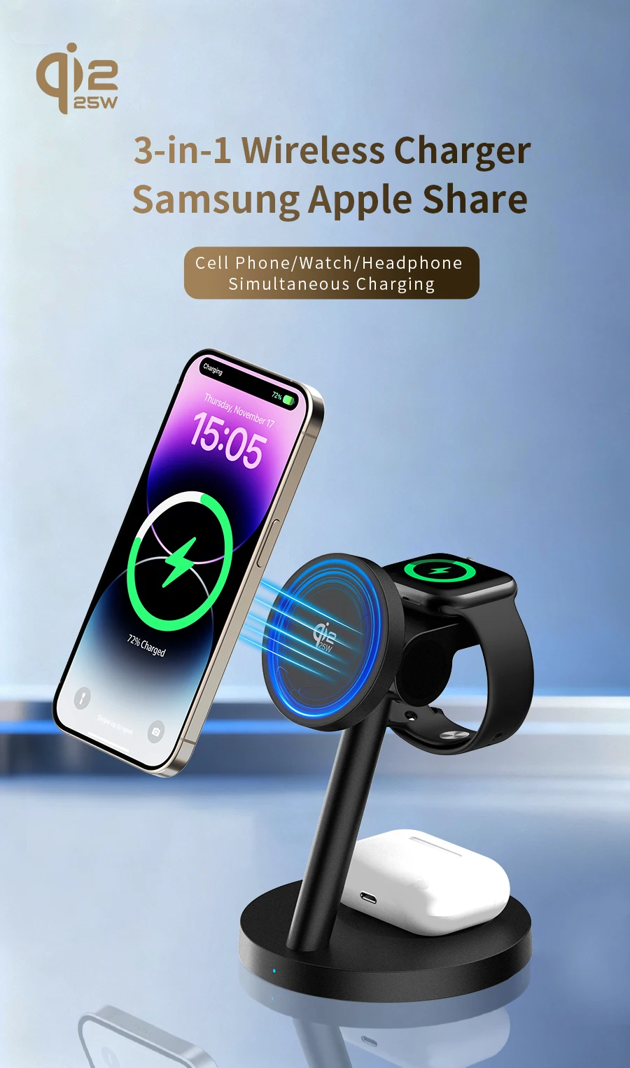 HaaYot Qi2.2 25W Kabellose Ladestation, Superschnelles Laden für iPhone 18/17 Serie, Galaxy S26/S25 Ultra, Galaxy Watch 9/Ultra – Detail 1