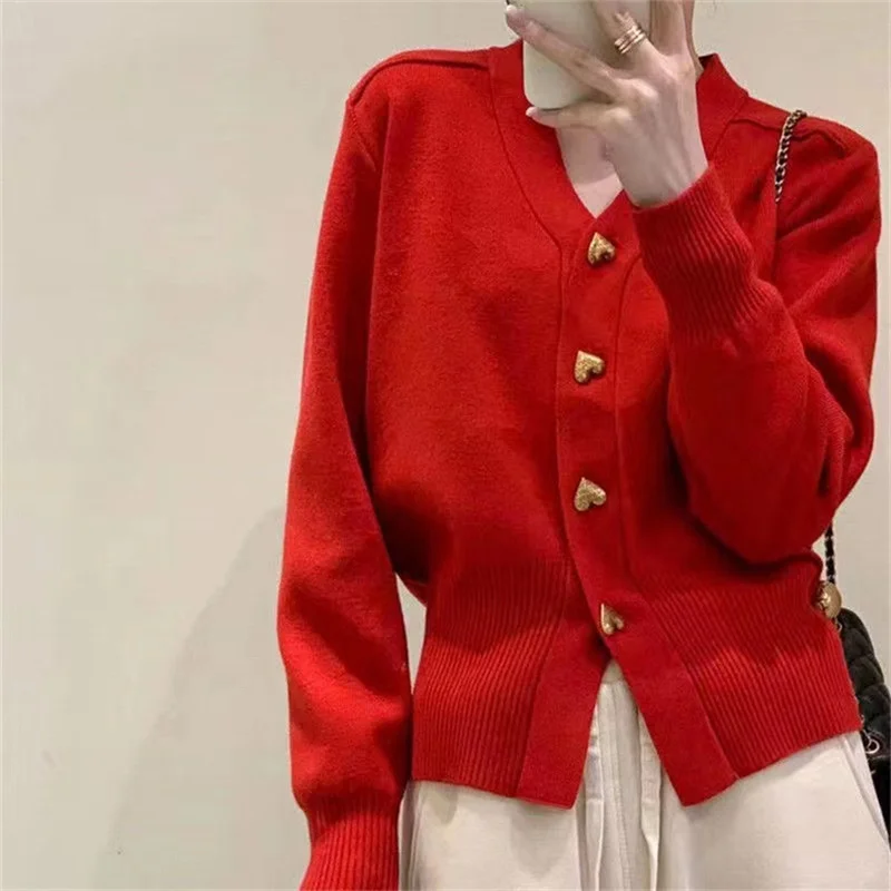 2024 primavera donna dolce carino rosso manica lunga maglione femminile autunno sciolto nuovo coreano Preppy solido maglia cuore Sexy scollo a V