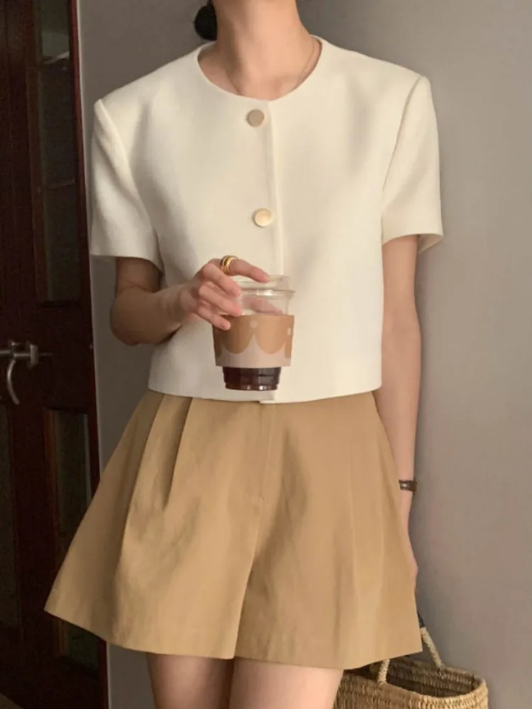 

Chic Summer ort Sve round Ne Women's Jaet Thin Sle Commute Wind Straight Cut Button Design Pure Color ort Coat