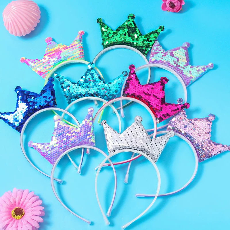 20pcs/set Princess Reversible Sequins Crown Headbands For Kids Girls Double-Sided Hairband DIY Hair Accessories Daily Party